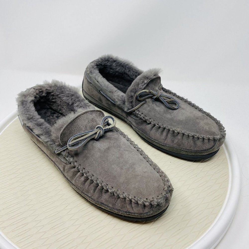 LL Bean Men Slippers 14 Wicked Good Moccasins Gray Suede Shearling Shoes Slip On